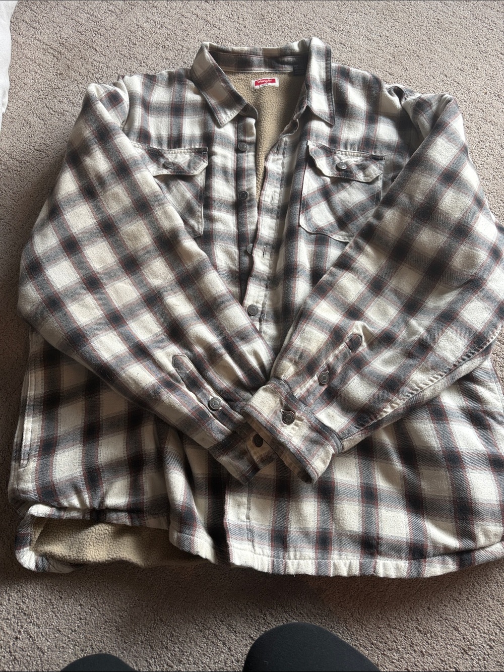 Wrangler Plaid Sherpa-Lined Button-Up Jacket in Cream, Brown & Gray